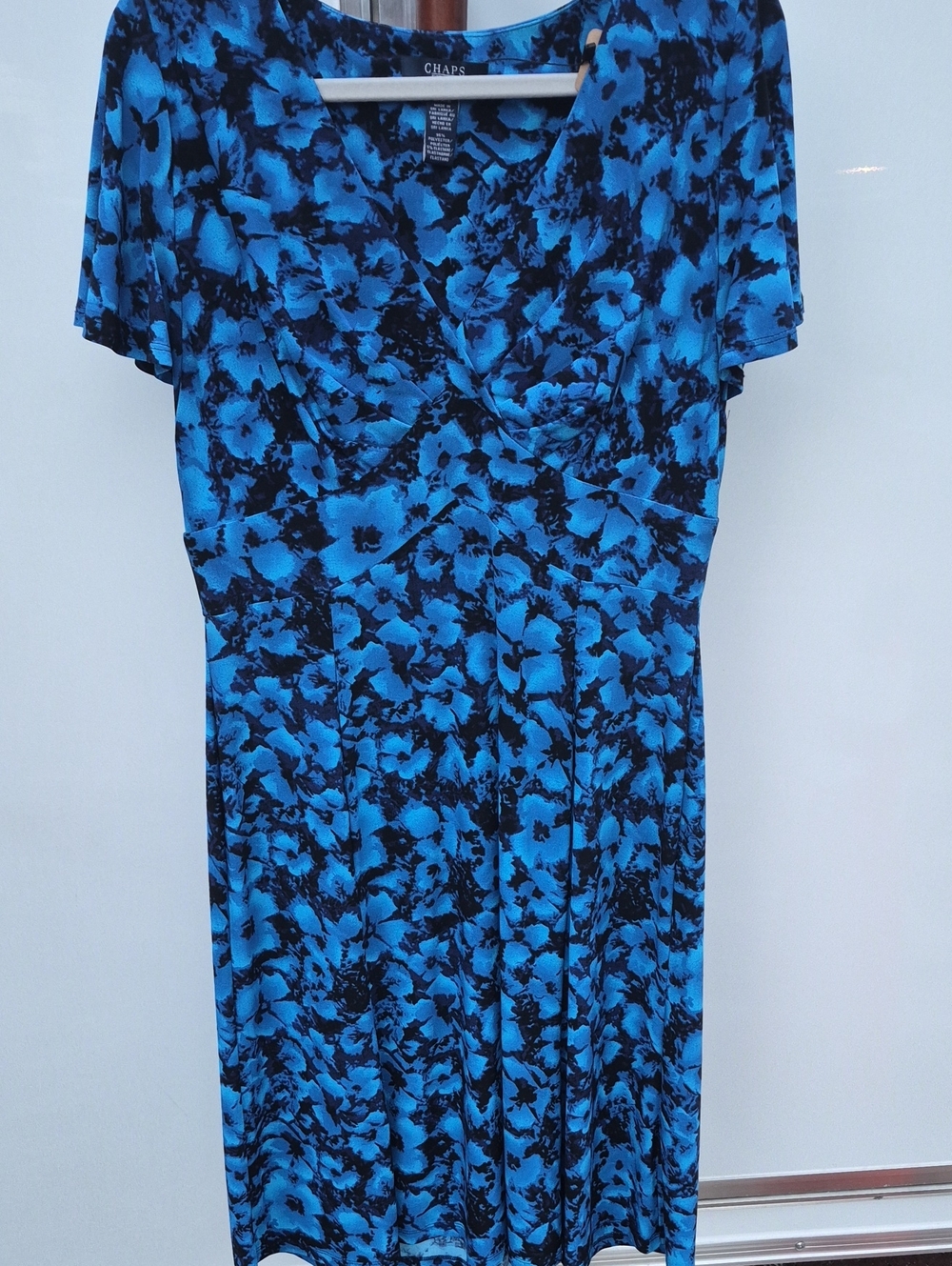 Chaps Blue and Black Floral Midi Wrap-Style Dress Size M
